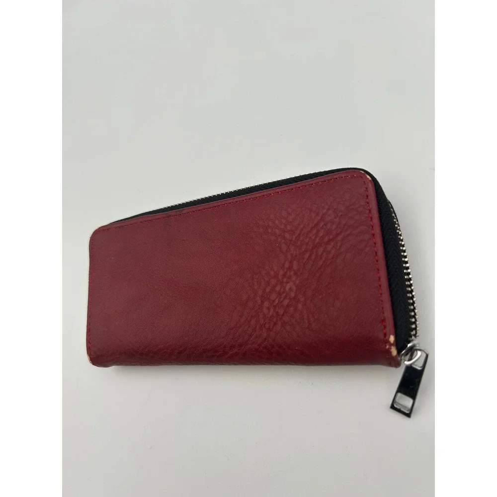 Burgundy Red Faux Leather Zip Around Wallet with Mirror and Card Slots